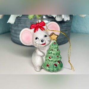 Vintage Christmas Mouse & Tree Ceramic Ornament